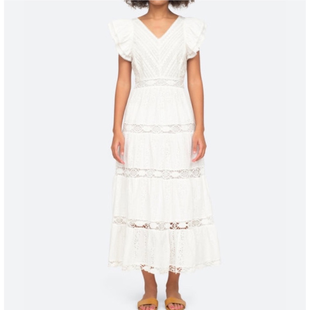 Sea New York White Eyelet and Lace Accent Maxi Dress w/ Ruffle Details Size 4